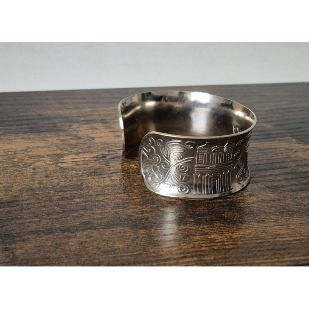 PETRA JORDAN Marked Silver Tone Wide Cuff Bracelet Etched Ancient Ruins - Picture 4 of 8